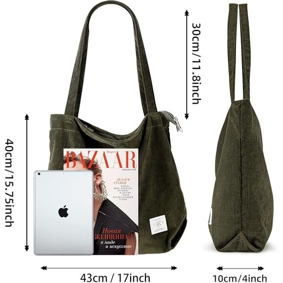 Women Army Green Imported Corduroy Casual Big Capacity Shoulder Tote Handbag - Picture 2 of 4